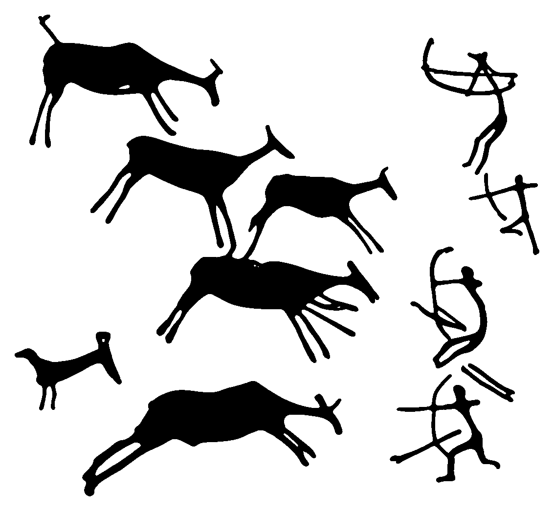 Black cave painting style figures of animals and humans